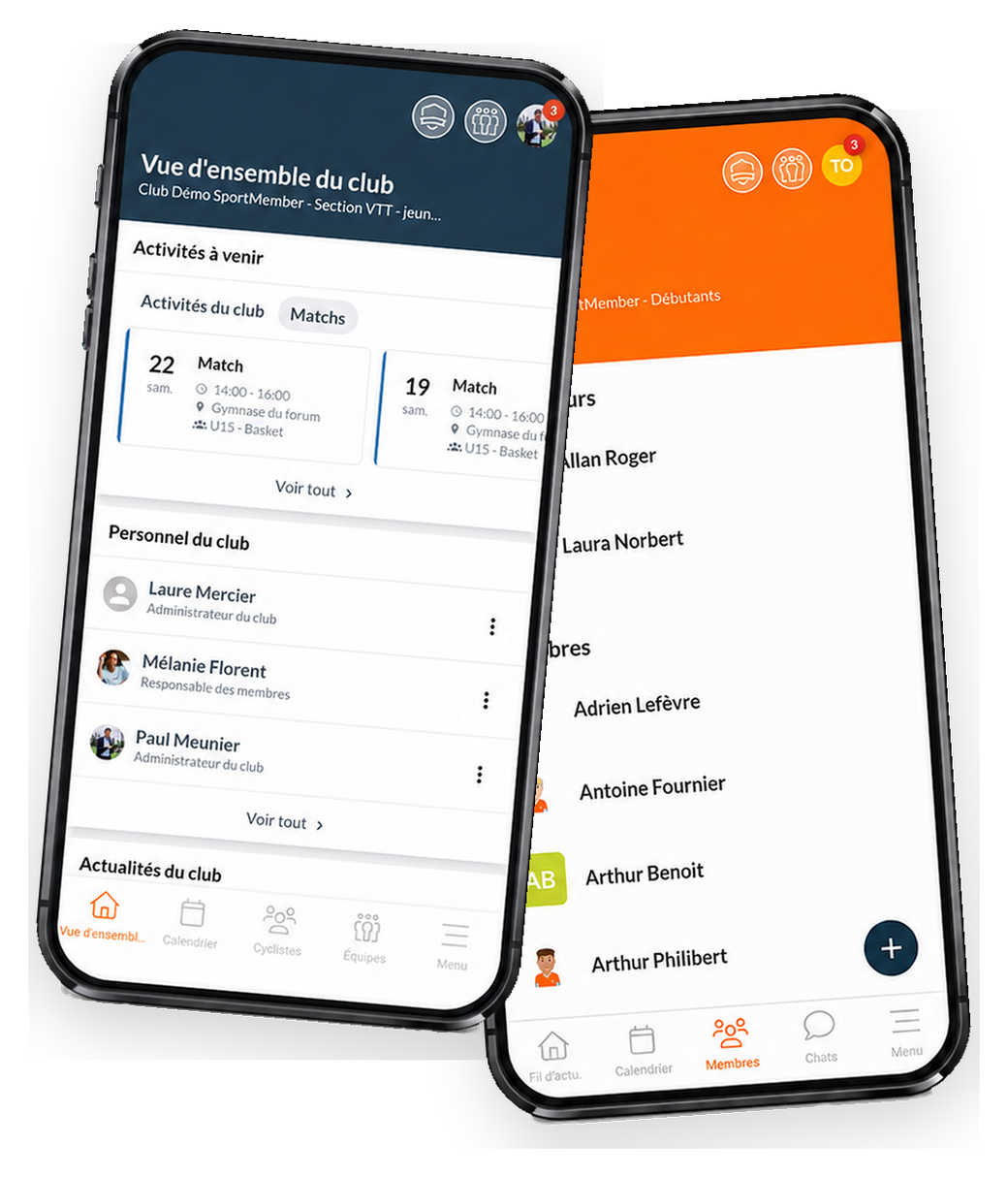 L'appli SportMember sur deux téléphones : vue d'ensemble du club et liste des membres